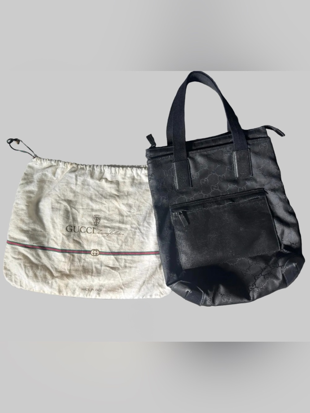 Vintage Gucci 180450 Black GG Monogram Canvas Leather Tote Bag & Dust Bag